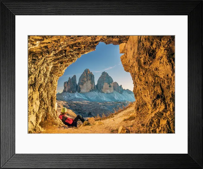 Framed Print : Male hiker watching the Tre Cime di Lavaredo peaks at sunset, Dobbiaco - Toblach, South Tyrol, Italy Framed Print : Male hiker watching the Tre Cime di Lavaredo peaks at sunset, Dobbiaco - Toblach, South Tyrol, Italy