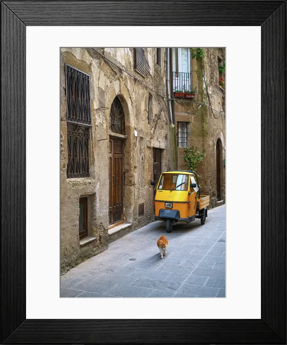 Framed Print : Piaggio Ape and a cat on a street in Pitigliano, Grosseto, Tuscany, Italy