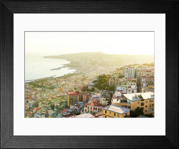 Framed Print : Urban skyline and coastline at sunset view from Vomero hill, Naples, Italy