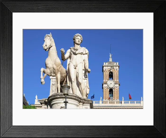 Framed Print : Dioscuri statue of Castor on Cordonata Capitolina, with the bell tower of Palazzo Senatorio (Senatorial Palace) in the background, Rome, Italy