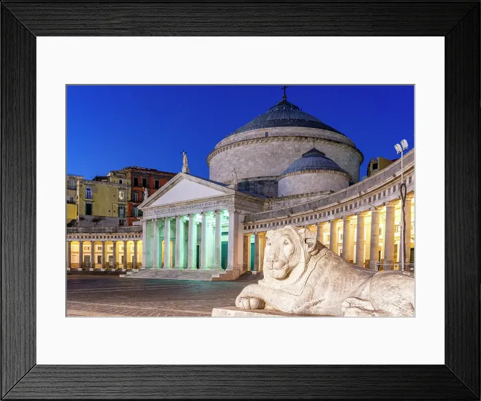 Framed Print : Lion statue and illuminated colonnade of Basilica di San Francesco di Paola at dusk, Piazza del Plebiscito, Naples, Italy Framed Print : Lion statue and illuminated colonnade of Basilica di San Francesco di Paola at dusk, Piazza del Plebiscito, Naples, Italy
