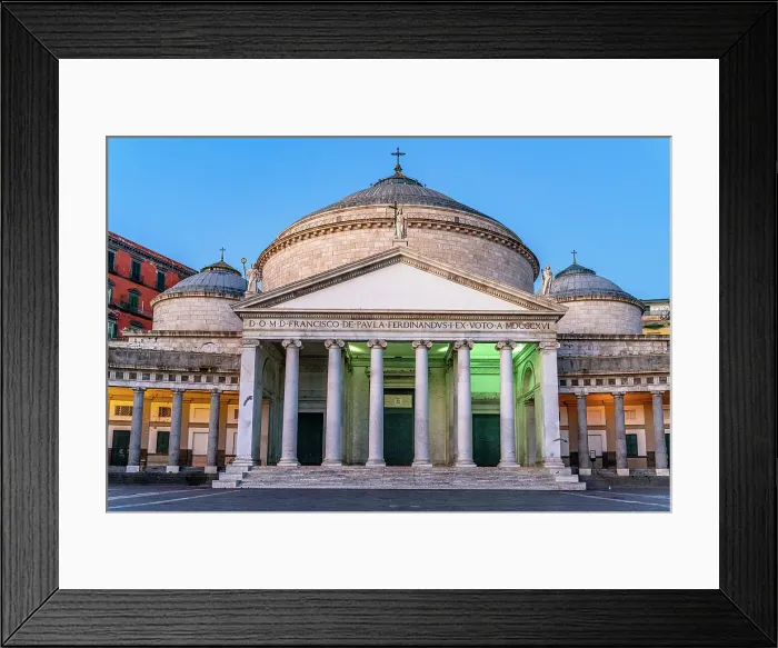 Framed Print : Illuminated colonnade and facade of Basilica di San Francesco di Paola at dusk, Piazza del Plebiscito, Naples, Italy Framed Print : Illuminated colonnade and facade of Basilica di San Francesco di Paola at dusk, Piazza del Plebiscito, Naples, Italy
