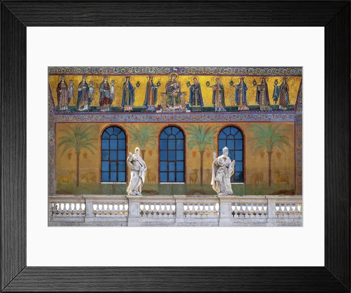 Framed Print : 12 century mosaic of the Virgin Mary with the infant Jesus flanked by 10 women holding lamps on the facade of Basilica of Santa Maria in Trastevere (Basilica di Santa Maria in Trastevere), one of the oldest churches of Rome, Italy Framed Print : 12 century mosaic of the Virgin Mary with the infant Jesus flanked by 10 women holding lamps on the facade of Basilica of Santa Maria in Trastevere (Basilica di Santa Maria in Trastevere), one of the oldest churches of Rome, Italy