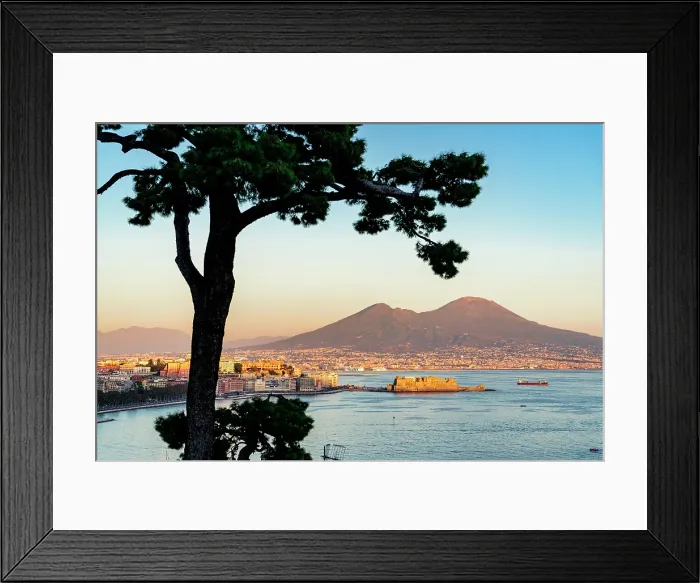 Framed Print : Silhouette of tree framing Castel Dell'Ovo fortress and Vesuvius at sunset, Belvedere di Sant'Antonio a Posillipo, Naples, Italy Framed Print : Silhouette of tree framing Castel Dell'Ovo fortress and Vesuvius at sunset, Belvedere di Sant'Antonio a Posillipo, Naples, Italy