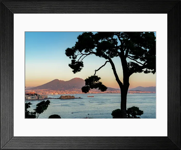 Framed Print : Silhouette of tree framing Castel Dell'Ovo fortress and Vesuvius at sunset, Belvedere di Sant'Antonio a Posillipo, Naples, Italy Framed Print : Silhouette of tree framing Castel Dell'Ovo fortress and Vesuvius at sunset, Belvedere di Sant'Antonio a Posillipo, Naples, Italy