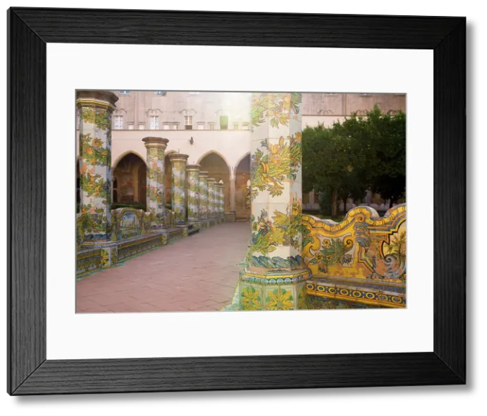 Framed Print : Columns decorated with majolica tiles in the cloister of Santa Chiara convent, Naples, Italy Framed Print : Columns decorated with majolica tiles in the cloister of Santa Chiara convent, Naples, Italy