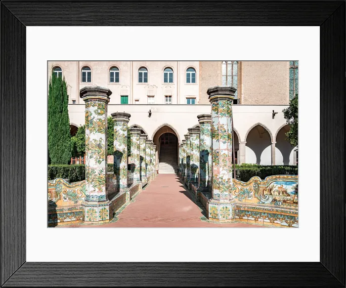 Framed Print : Decorated colonnade with majolica tiles in the cloister entrance of Santa Chiara monastery, Naples, Italy Framed Print : Decorated colonnade with majolica tiles in the cloister entrance of Santa Chiara monastery, Naples, Italy