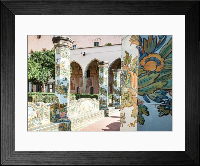 Framed Print : Details of colorful majolica tiles on columns in Santa Chiara convent cloister, Naples, Italy Framed Print : Details of colorful majolica tiles on columns in Santa Chiara convent cloister, Naples, Italy