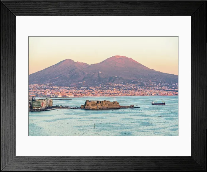 Framed Print : High angle view of Castel Dell'Ovo fortress and Vesuvius at sunset, Belvedere di Sant'Antonio a Posillipo, Naples, Italy Framed Print : High angle view of Castel Dell'Ovo fortress and Vesuvius at sunset, Belvedere di Sant'Antonio a Posillipo, Naples, Italy