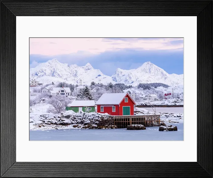 Framed Print : Traditional colorful cabins overlooking the frozen fjord at dawn, Ballstad, Vestvagoy, Lofoten Islands, Norway Framed Print : Traditional colorful cabins overlooking the frozen fjord at dawn, Ballstad, Vestvagoy, Lofoten Islands, Norway