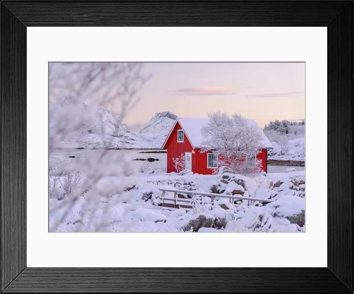 Framed Print : Pink arctic sunrise over a lone fisherman hut in the frozen snowy landscape along a fjord, Ballstad, Lofoten Islands, Norway Framed Print : Pink arctic sunrise over a lone fisherman hut in the frozen snowy landscape along a fjord, Ballstad, Lofoten Islands, Norway