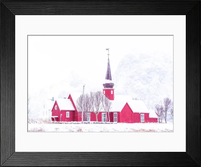 Framed Print : Traditional red church of Flakstad covered with snow in winter, Lofoten Islands, Nordland, Norway Framed Print : Traditional red church of Flakstad covered with snow in winter, Lofoten Islands, Nordland, Norway