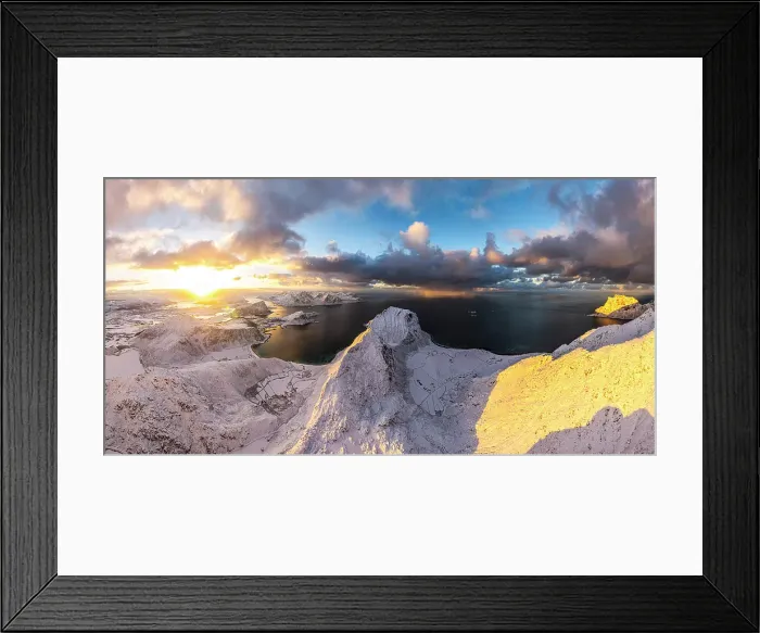 Framed Print : Aerial panoramic of the snowy Haukland and Uttakleiv beach lit by sun rays at dawn, Leknes, Vestvagoy, Lofoten Islands, Norway Framed Print : Aerial panoramic of the snowy Haukland and Uttakleiv beach lit by sun rays at dawn, Leknes, Vestvagoy, Lofoten Islands, Norway