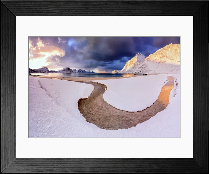Framed Print : Panoramic of Haukland beach covered with snow under dramatic clouds at dawn, Vestvagoy island, Lofoten Islands, Norway Framed Print : Panoramic of Haukland beach covered with snow under dramatic clouds at dawn, Vestvagoy island, Lofoten Islands, Norway
