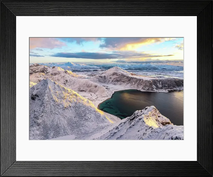 Framed Print : Aerial view of the frozen Haukland beach from the snowy peak of Veggen mountain at dawn, Vestvagoy, Lofoten Islands, Norway Framed Print : Aerial view of the frozen Haukland beach from the snowy peak of Veggen mountain at dawn, Vestvagoy, Lofoten Islands, Norway