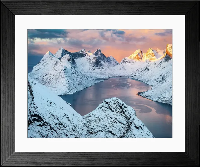 Framed Print : Clouds in the pink sky at dawn over the frozen sea and snowy mountains, Reine Bay, Reine, Lofoten Islands, Norway Framed Print : Clouds in the pink sky at dawn over the frozen sea and snowy mountains, Reine Bay, Reine, Lofoten Islands, Norway