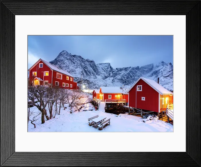 Framed Print : Traditional red cottages covered with snow at dusk, Reine, Lofoten Islands, Norway Framed Print : Traditional red cottages covered with snow at dusk, Reine, Lofoten Islands, Norway