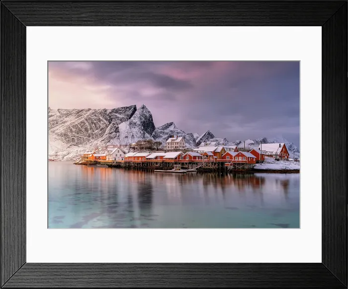 Framed Print : Fishing village of Sakrisoy under a dramatic sky at sunset, Reine, Lofoten Islands, Norway