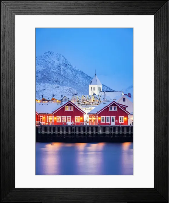 Framed Print : Fairy tale fishing village of Svolvaer covered with snow at winter dusk, Svolvaer, Lofoten Islands, Nordland, Norway