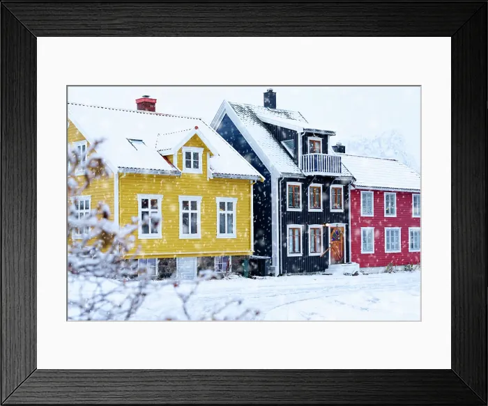 Framed Print : Snowfall over multicolored houses, Kabelvag, Svolvaer Lofoten Islands, Nordland, Norway Framed Print : Snowfall over multicolored houses, Kabelvag, Svolvaer Lofoten Islands, Nordland, Norway
