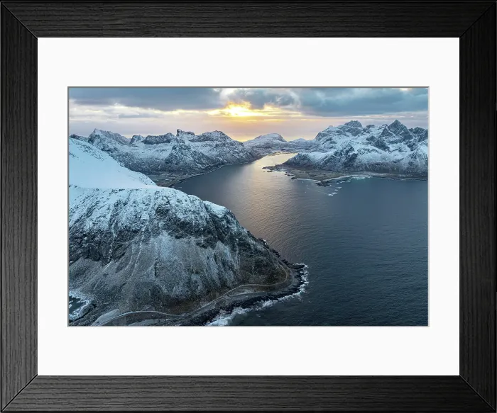 Framed Print : Aerial view of the fishing village of Vareid and Flakstad beach covered with snow at dawn, Lofoten Islands, Norway Framed Print : Aerial view of the fishing village of Vareid and Flakstad beach covered with snow at dawn, Lofoten Islands, Norway