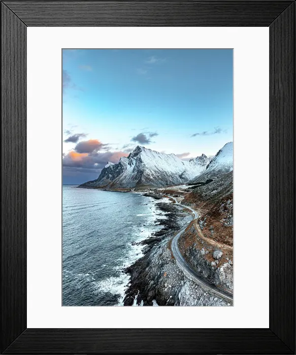 Framed Print : Aerial view of an empty coastal road heading to the fishing village of Vikten at dawn, Flakstad, Lofoten Islands, Norway Framed Print : Aerial view of an empty coastal road heading to the fishing village of Vikten at dawn, Flakstad, Lofoten Islands, Norway