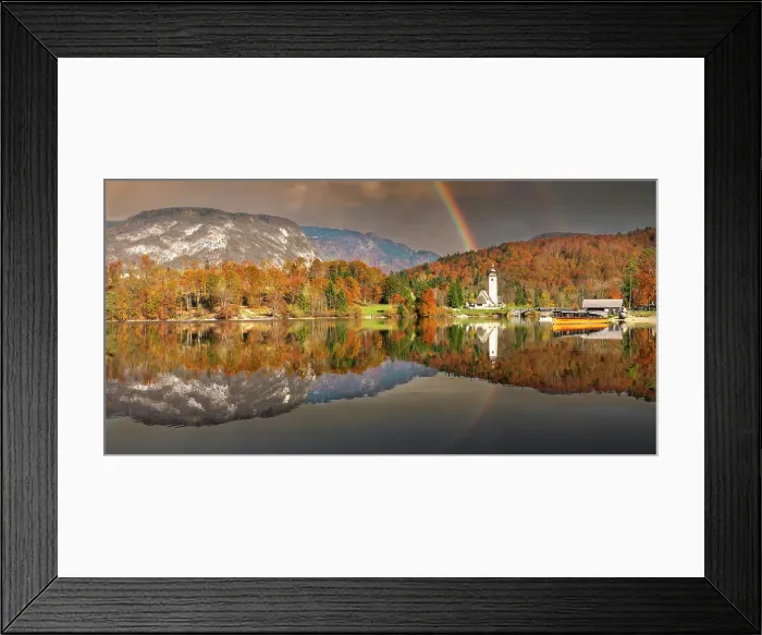 Framed Print : Rainbow over Church of St. John the Baptist Reflecting in Lake Bohinj, Slovenia, Europe Framed Print : Rainbow over Church of St. John the Baptist Reflecting in Lake Bohinj, Slovenia, Europe