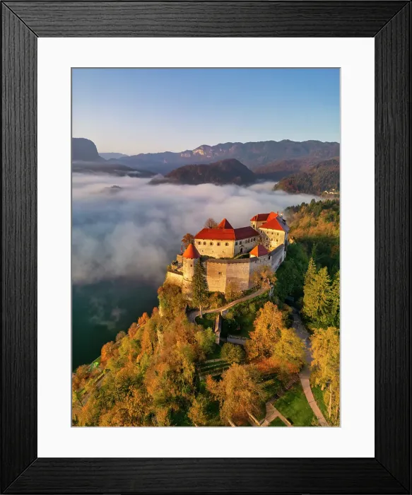 Framed Print : Mist over Lake Bled below Bled Castle, Bled, Slovenia, Europe
