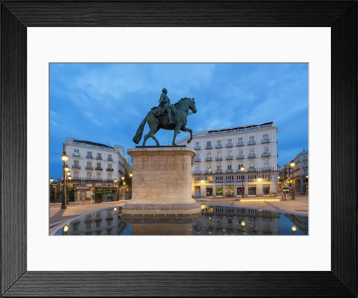 Framed Print : Equestrian statue of Carlos III of Spain at Puerta del Sol Square at twilight, Madrid