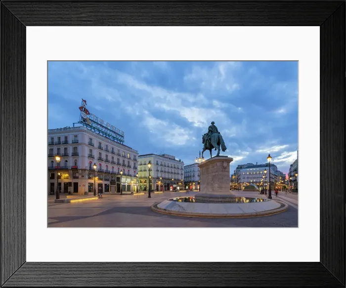 Framed Print : Equestrian statue of Carlos III of Spain at Puerta del Sol Square at twilight, Madrid Framed Print : Equestrian statue of Carlos III of Spain at Puerta del Sol Square at twilight, Madrid