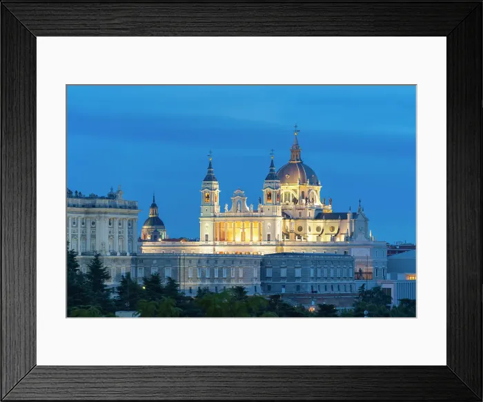 Framed Print : Illuminated Almudena Cathedral seen from Principe Pio at twilight, Madrid, Spain Framed Print : Illuminated Almudena Cathedral seen from Principe Pio at twilight, Madrid, Spain