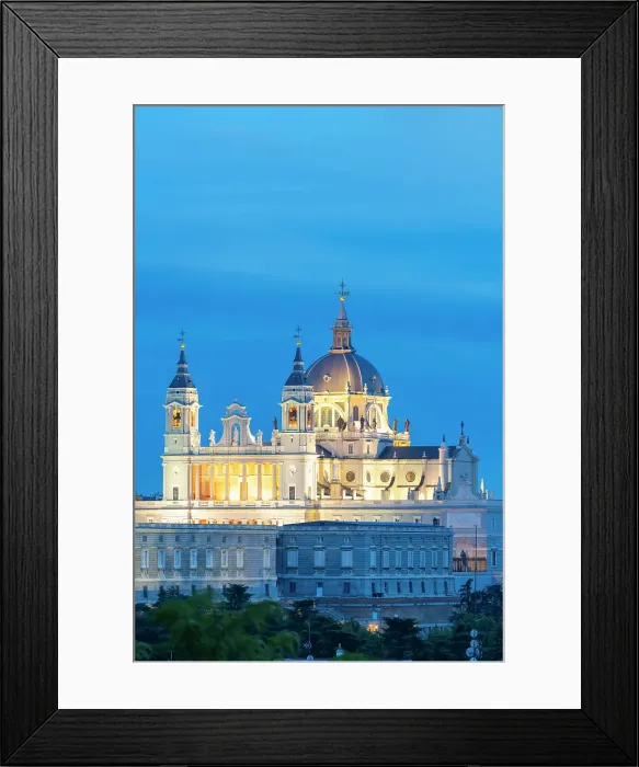 Framed Print : Illuminated Almudena Cathedral seen from Principe Pio at twilight, Madrid, Spain