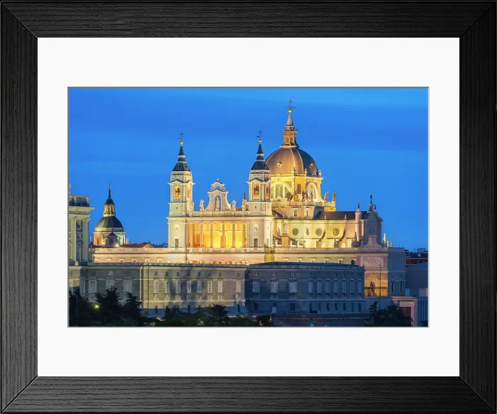 Framed Print : Illuminated Almudena Cathedral seen from Principe Pio at twilight, Madrid, Spain Framed Print : Illuminated Almudena Cathedral seen from Principe Pio at twilight, Madrid, Spain
