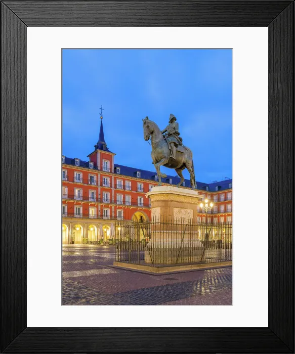 Framed Print : Equestrian statue of Phillip III and Casa de la Panaderia at Plaza Mayor at twilight, Madrid, Spain Framed Print : Equestrian statue of Phillip III and Casa de la Panaderia at Plaza Mayor at twilight, Madrid, Spain
