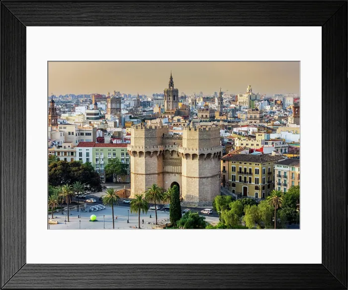 Framed Print : Aerial view of Serranos Towers and old town, Valencia, Valencian Community, Spain Framed Print : Aerial view of Serranos Towers and old town, Valencia, Valencian Community, Spain