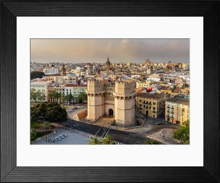 Framed Print : Aerial view of Serranos Towers and old town, Valencia, Valencian Community, Spain Framed Print : Aerial view of Serranos Towers and old town, Valencia, Valencian Community, Spain