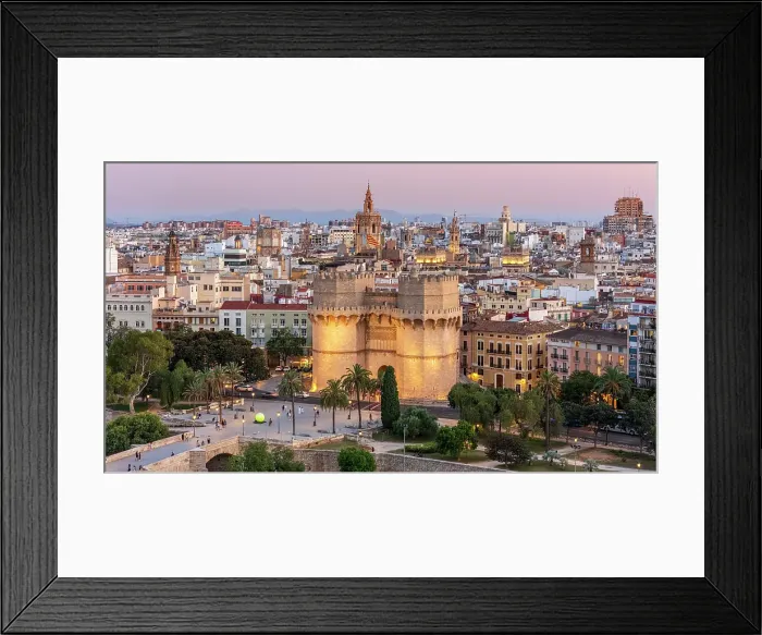 Framed Print : Aerial view of Serranos Towers and old town at dusk, Valencia, Valencian Community, Spain