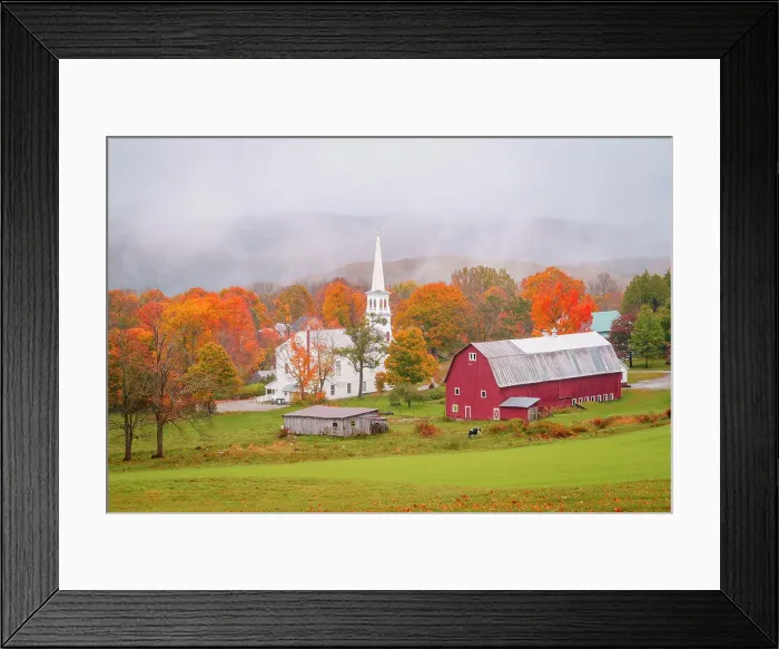 Framed Print : Idyllic Farm in Peacham on a Foggy Morning Peacham, Northeast Kingdom of Vermont, Vermont, New England, USA
