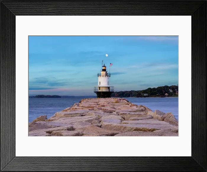 Framed Print : Scenic Spring Point Ledge Lighthouse and Breakwater after Sunset with Moon Portland Maine, New England, USA Framed Print : Scenic Spring Point Ledge Lighthouse and Breakwater after Sunset with Moon Portland Maine, New England, USA