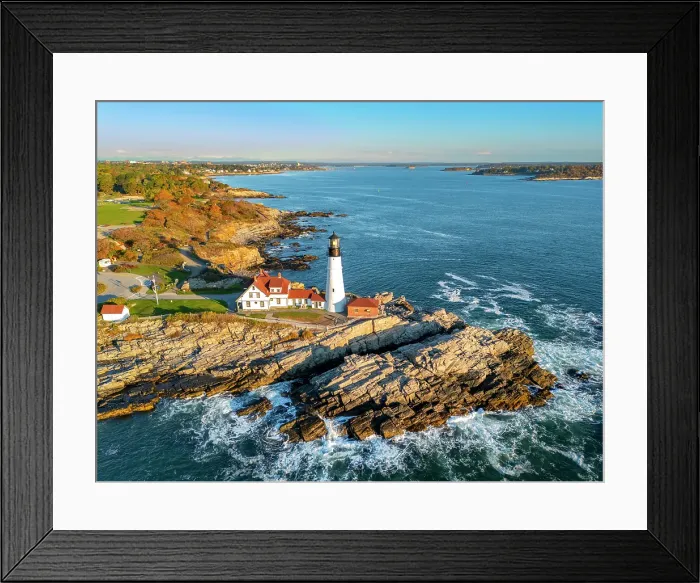Framed Print : Aerial View of Portland Head Lighthouse, Cape Elizabeth, Sunrise Portland Maine, New England, USA Framed Print : Aerial View of Portland Head Lighthouse, Cape Elizabeth, Sunrise Portland Maine, New England, USA