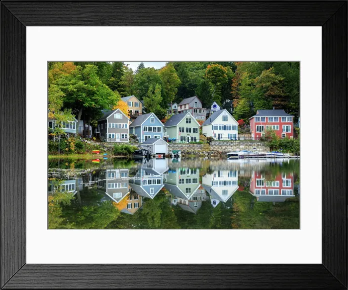Framed Print : Colourful houses on Lake Winnipesaukee, New Hampshire, New England, USA