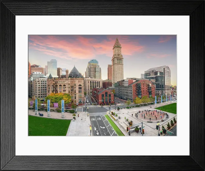 Framed Print : Skyline of Custom House Clock Tower in Downtown Boston at Sunset Boston, Massachusetts, USA Framed Print : Skyline of Custom House Clock Tower in Downtown Boston at Sunset Boston, Massachusetts, USA
