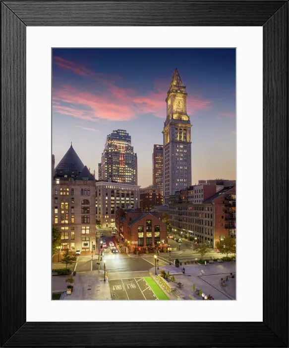 Framed Print : Skyline of Custom House Clock Tower in Downtown Boston at Night Boston, Massachusetts, USA