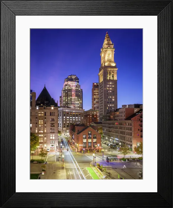 Framed Print : Skyline of Custom House Clock Tower in Downtown Boston at Night Boston, Massachusetts, USA Framed Print : Skyline of Custom House Clock Tower in Downtown Boston at Night Boston, Massachusetts, USA