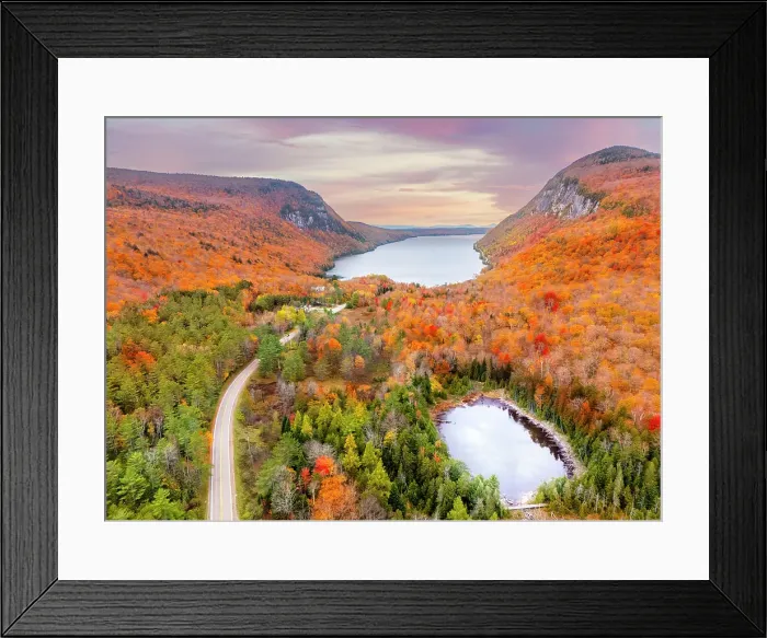 Framed Print : Aerial View of Idyllic Lake Willoughby framed by Fall Foliage Lake Willoughby, Northeast Kingdom of Vermont, Vermont, New England, USA