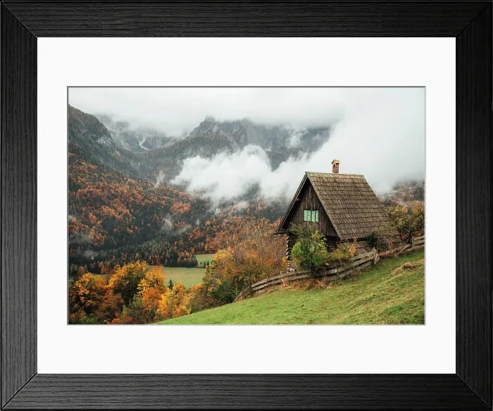 Framed Print : Autumn in Julian Alps. Cabin and clouds. Slovenia Framed Print : Autumn in Julian Alps. Cabin and clouds. Slovenia