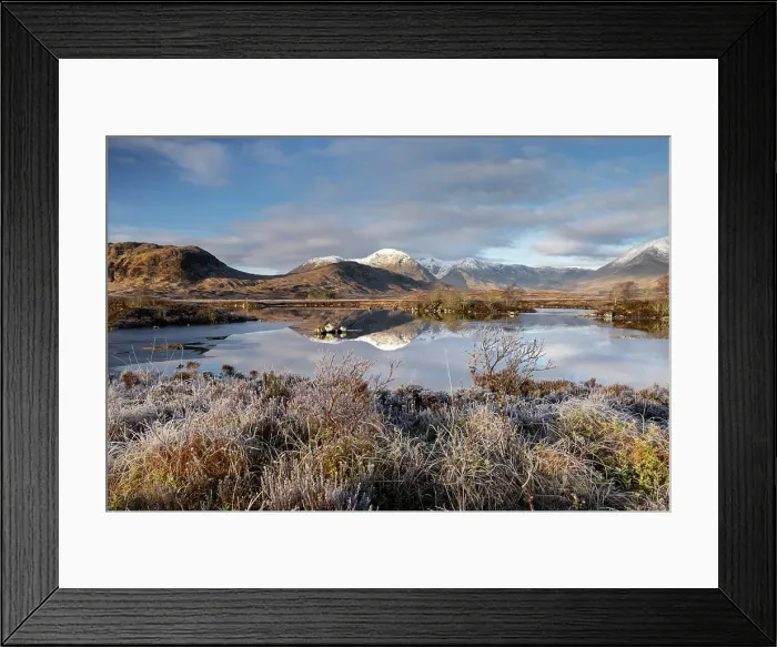 Framed Print : Snow capped mountain reflections in Lochan na h-Achlaise on a frosty winter morning in Rannoch Moor, Scottish Highlands, Scotland, UK. March 2024 Framed Print : Snow capped mountain reflections in Lochan na h-Achlaise on a frosty winter morning in Rannoch Moor, Scottish Highlands, Scotland, UK. March 2024