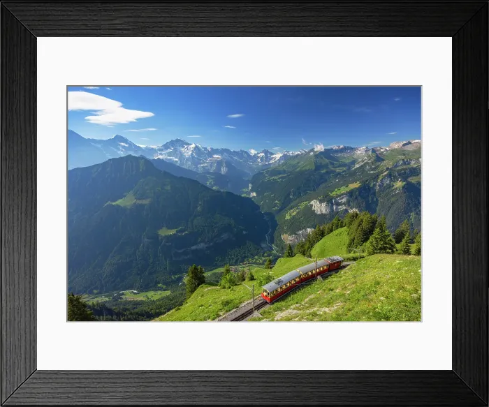 Framed Print : Train of cogwheel railway and Jungfrau, Monch and Eiger mountains, Schynige Platte, Jungfrau Region, Bernese Oberland, Switzerland