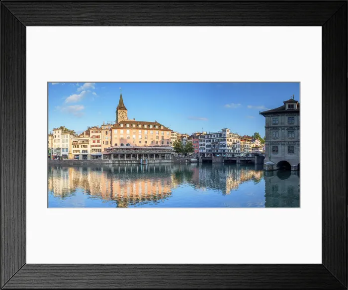 Framed Print : St Peter Church and Town Hall on Limmat River, Zurich, Switzerland Framed Print : St Peter Church and Town Hall on Limmat River, Zurich, Switzerland