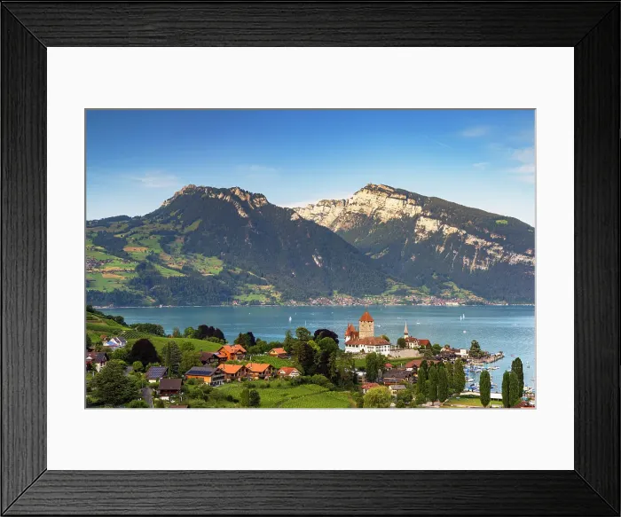 Framed Print : Spiez Castle with Niederhorn mountain in the background, Spiez, Canton of Bern, Switzerland Framed Print : Spiez Castle with Niederhorn mountain in the background, Spiez, Canton of Bern, Switzerland